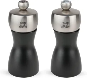 Peugeot - Fidji Manual Salt and Pepper Mill Set - Adjustable Grinders - Beechwood and Stainless Steel, Matte Black, 5 Inches
