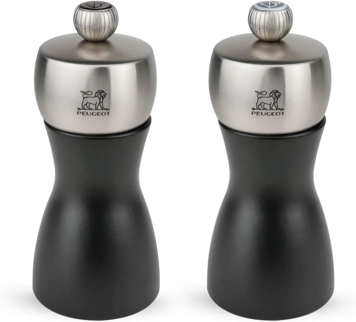 Peugeot - Fidji Manual Salt and Pepper Mill Set - Adjustable Grinders - Beechwood and Stainless Steel, Matte Black, 5 Inches