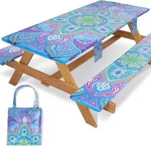 Picnic Table Cover with Bench Covers Fitted Waterproof Camping Tablecloth with Elastic for 6 Foot Rectangle Tables Outdoor Travel Rv Essentials Summer Vacation Accessories Gifts for Men Women