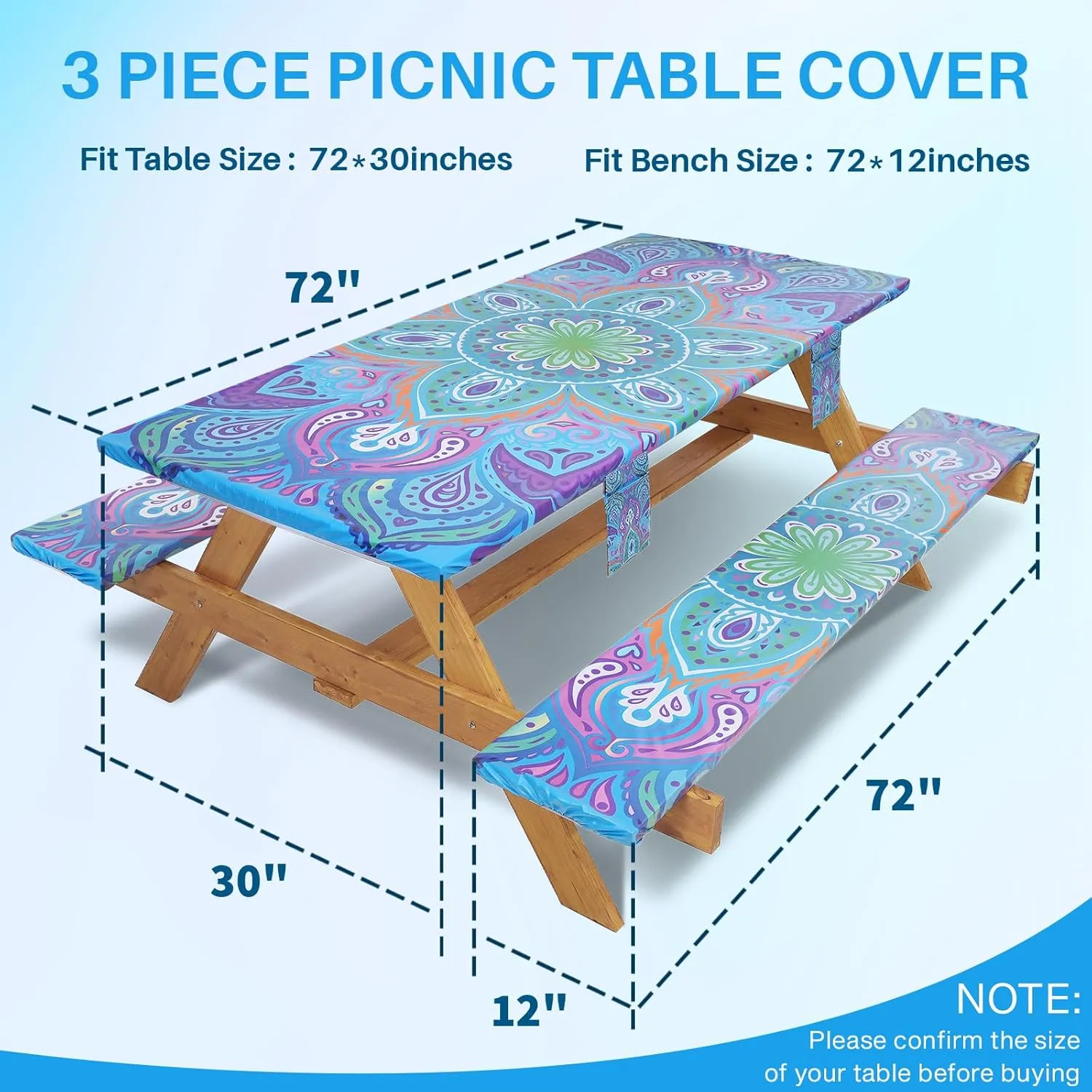 Picnic Table Cover with Bench Covers Fitted Waterproof Camping Tablecloth with Elastic for 6 Foot Rectangle Tables Outdoor Travel Rv Essentials Summer Vacation Accessories Gifts for Men Women