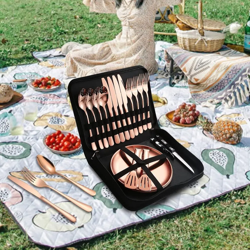 Picnic Tableware Set Camping Flatware Copper/Rose Gold Silverware and Plates Kit for 4 Portable Utensils Stainless Steel Dishes Spoons Forks Knives Bottle Opener Food Tongs