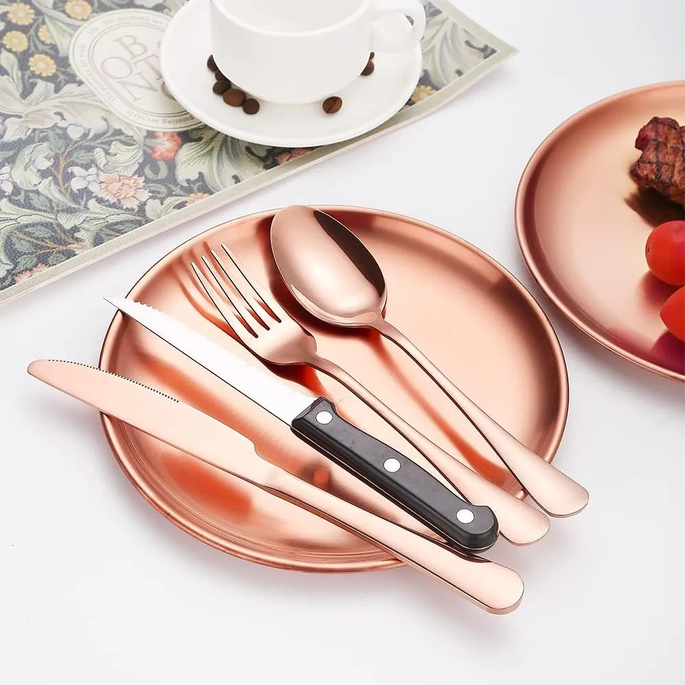Picnic Tableware Set Camping Flatware Copper/Rose Gold Silverware and Plates Kit for 4 Portable Utensils Stainless Steel Dishes Spoons Forks Knives Bottle Opener Food Tongs