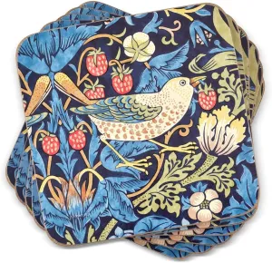 Pimpernel Morris & Co Strawberry Thief Blue Collection Coasters | Set of 6 | Cork Backed Board | Heat and Stain Resistant | Drinks Coaster for Tabletop Protection | Measures 4” x 4”