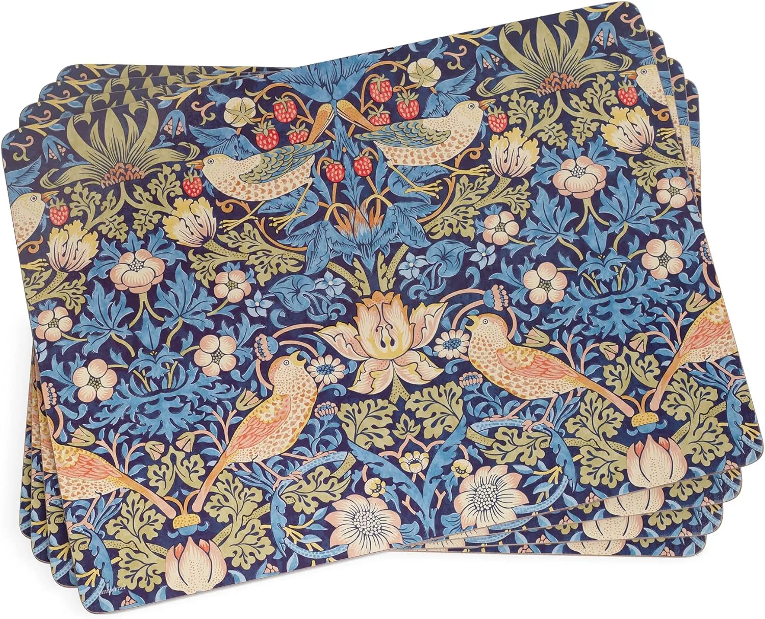 Pimpernel Morris & Co Strawberry Thief Blue Placemats, Set of 4 - Stain Resistant & Heat Safe Fabric-Feel Table Mats with Birds & Botanical Pattern for Stylish Dining & Entertaining