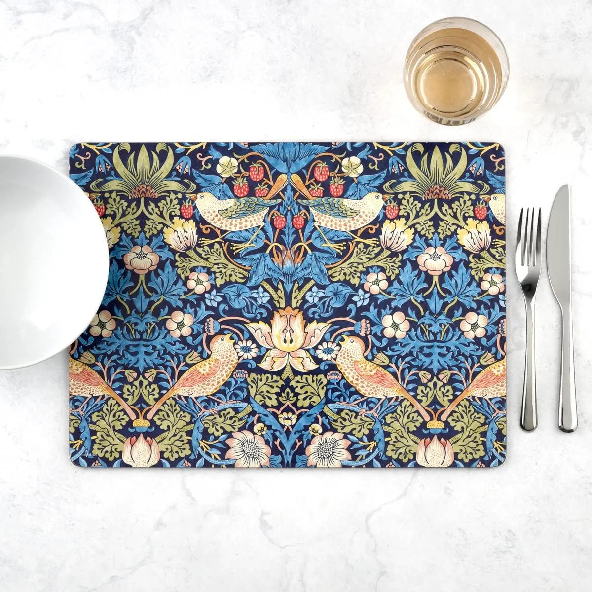 Pimpernel Morris & Co Strawberry Thief Blue Placemats, Set of 4 - Stain Resistant & Heat Safe Fabric-Feel Table Mats with Birds & Botanical Pattern for Stylish Dining & Entertaining