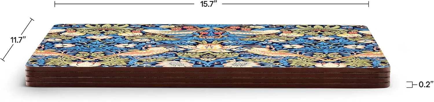 Pimpernel Morris & Co Strawberry Thief Blue Placemats, Set of 4 - Stain Resistant & Heat Safe Fabric-Feel Table Mats with Birds & Botanical Pattern for Stylish Dining & Entertaining