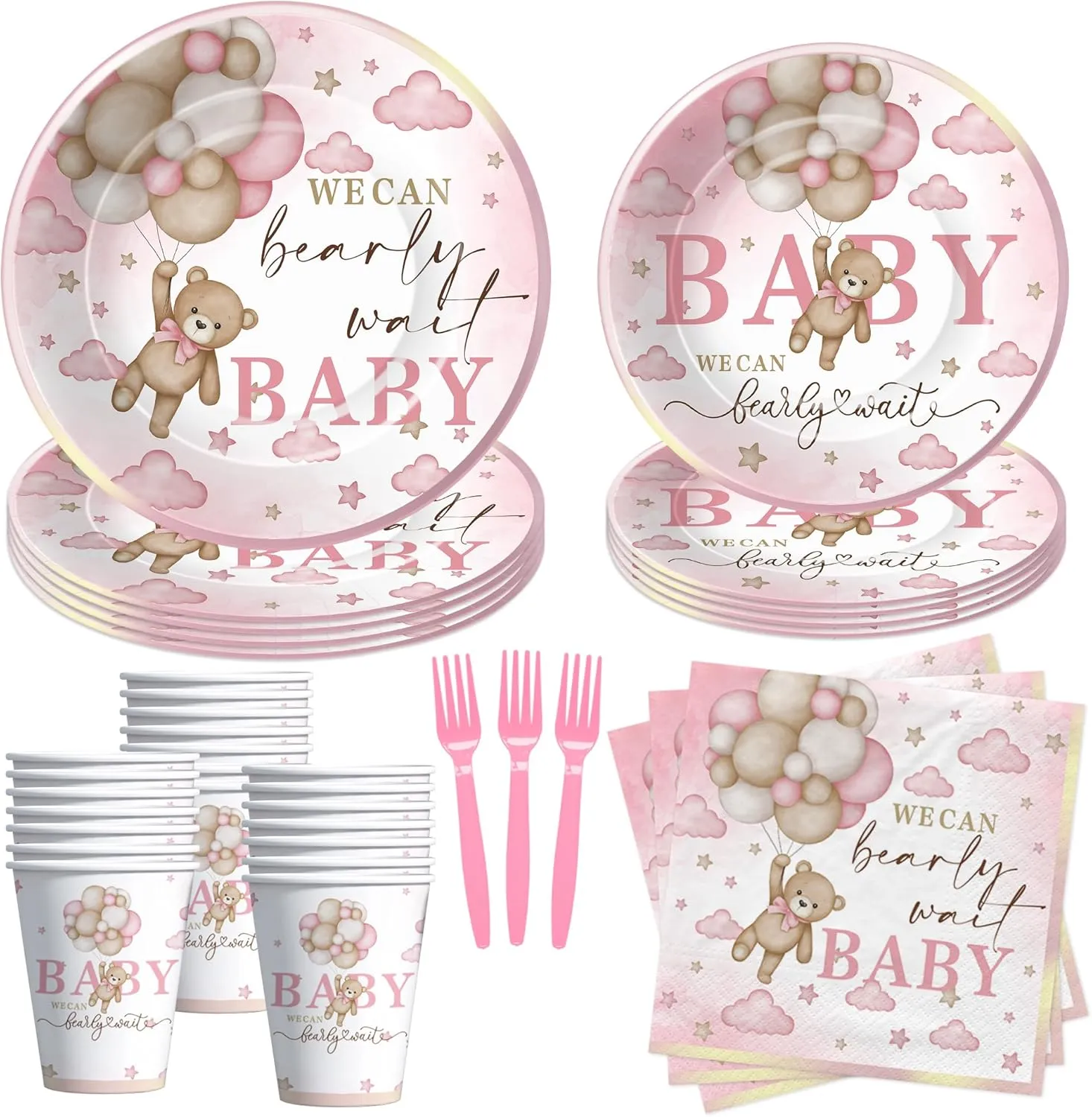 Pink Bear Baby Shower Decorations Tableware Girl - Teddy Bear We Can Bearly Wait Baby Shower Decorations Supplies, Paper Plate, Cup, Napkin, Disposable Fork | Serves 24