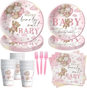 Pink Bear Baby Shower Decorations Tableware Girl - Teddy Bear We Can Bearly Wait Baby Shower Decorations Supplies, Paper Plate, Cup, Napkin, Disposable Fork | Serves 24