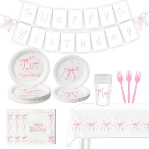 Pink Bow Party Decorations, 170 Pcs Coquette Birthday Decorations Includes Pink Plates Banner Napkins Table Cloth, Bow Theme Tableware Party Supplies Girls Birthday Decor