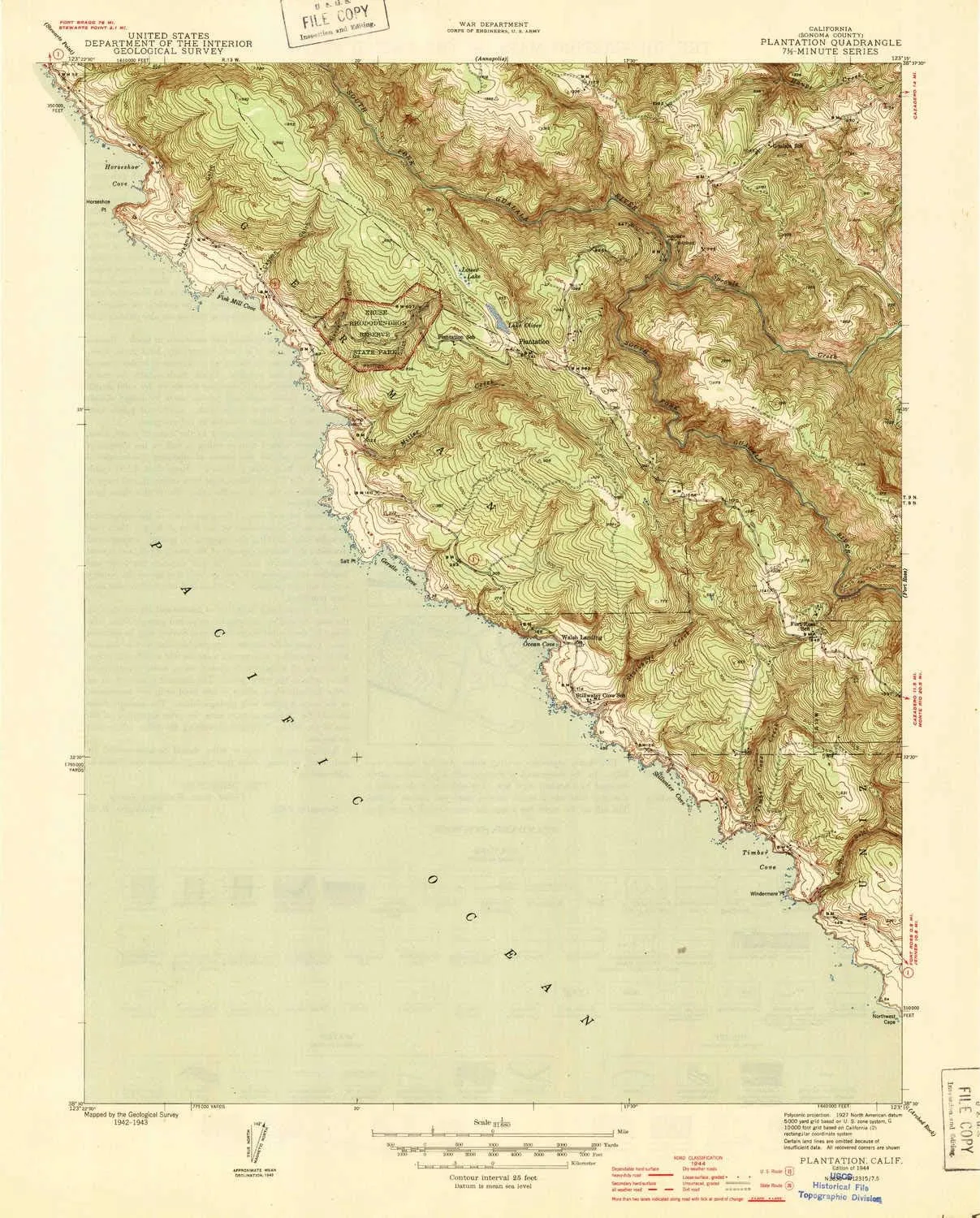Plantation CA topo map, 1:31680 Scale, 7.5 X 7.5 Minute, Historical, 1944, 20.2 x 16.2 in