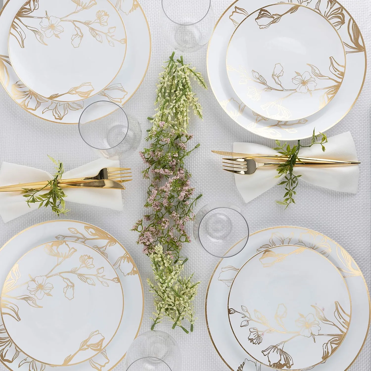 Plasticpro 128 Piece Combo Plates Set includes 64 7'' inch Plates & 64 10'' inch Plates White Plastic Floral Design Party Plates With Gold Rim, Premium Elegant, Tableware, Dishes,