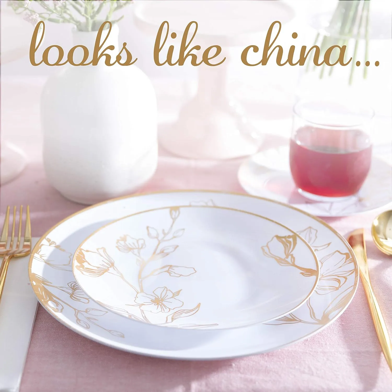 Plasticpro 128 Piece Combo Plates Set includes 64 7'' inch Plates & 64 10'' inch Plates White Plastic Floral Design Party Plates With Gold Rim, Premium Elegant, Tableware, Dishes,