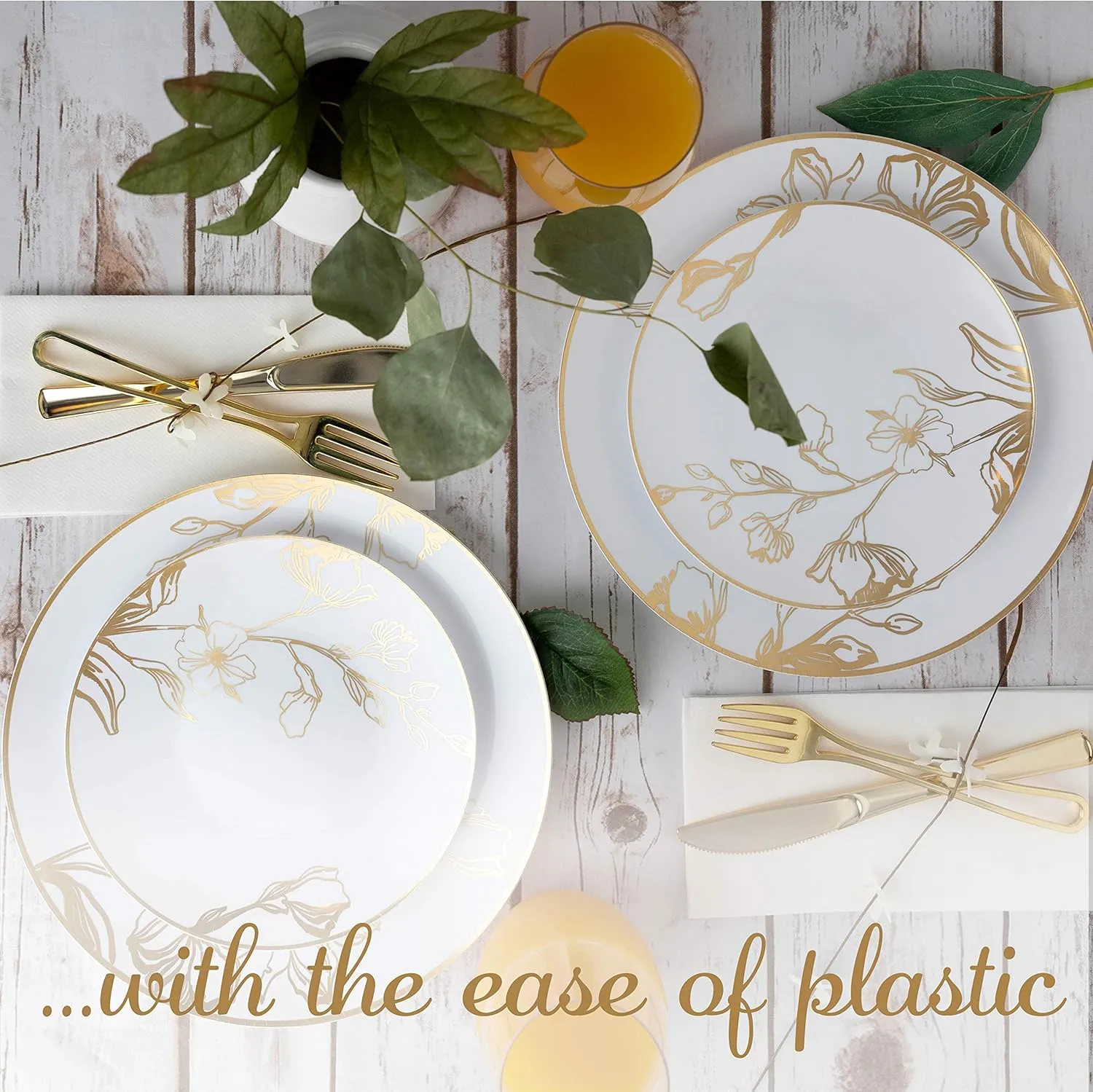Plasticpro 128 Piece Combo Plates Set includes 64 7'' inch Plates & 64 10'' inch Plates White Plastic Floral Design Party Plates With Gold Rim, Premium Elegant, Tableware, Dishes,