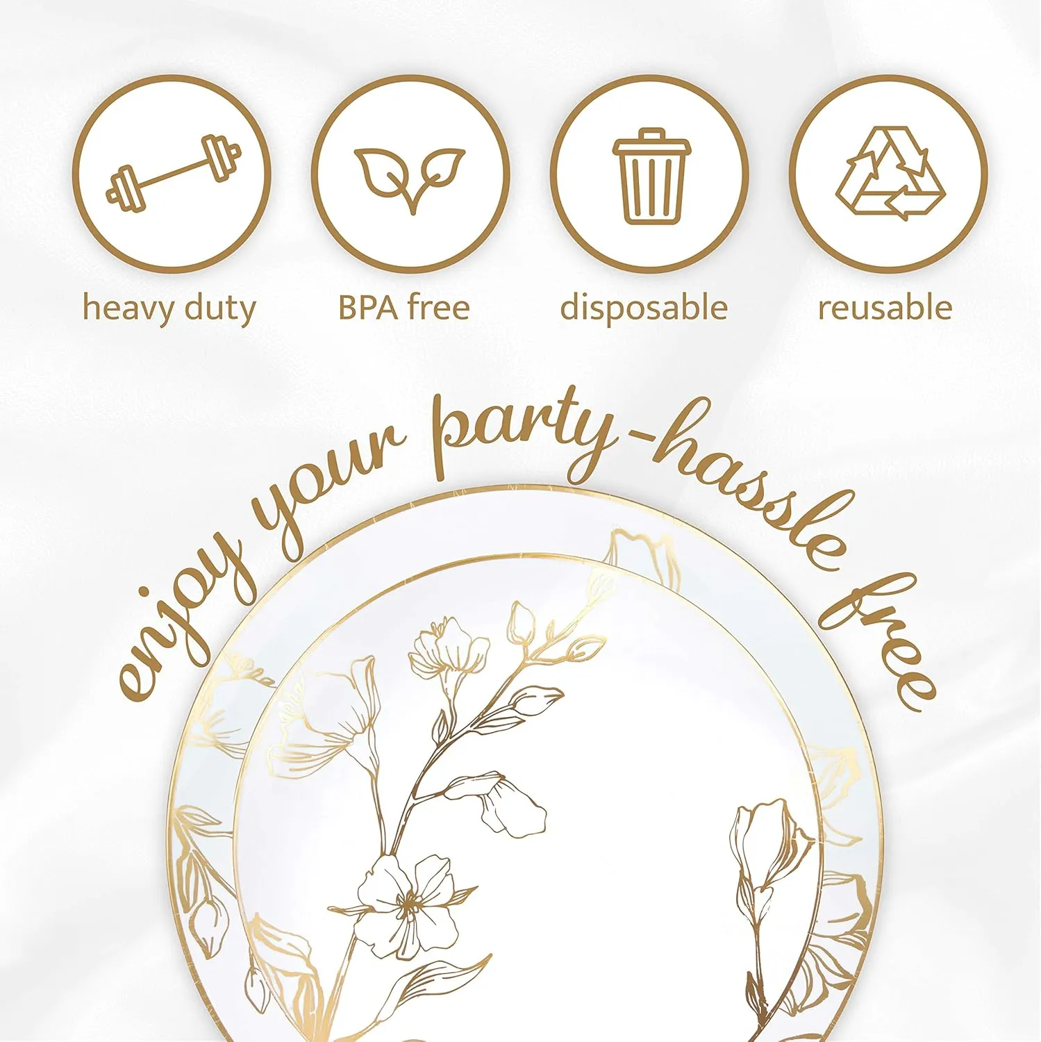 Plasticpro 128 Piece Combo Plates Set includes 64 7'' inch Plates & 64 10'' inch Plates White Plastic Floral Design Party Plates With Gold Rim, Premium Elegant, Tableware, Dishes,