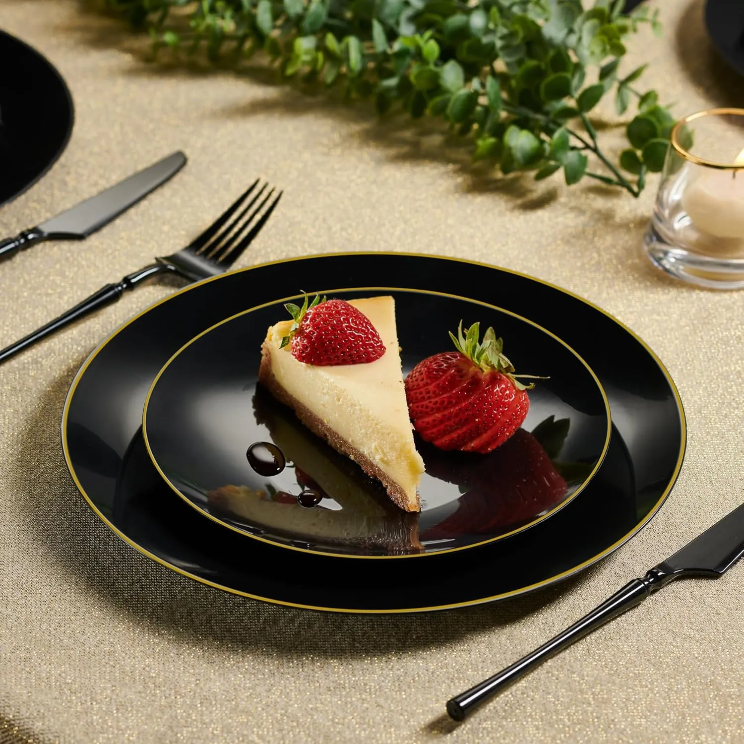 PLASTICPRO 32 Piece Combo Plate Set includes 16-7'' inch Plates & 16-10'' inch Dinner Plates Black Plastic With Gold Rim Design Party Plates, Premium heavyweight Elegant, Disposable