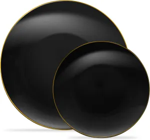 PLASTICPRO 32 Piece Combo Plate Set includes 16-7'' inch Plates & 16-10'' inch Dinner Plates Black Plastic With Gold Rim Design Party Plates, Premium heavyweight Elegant, Disposable