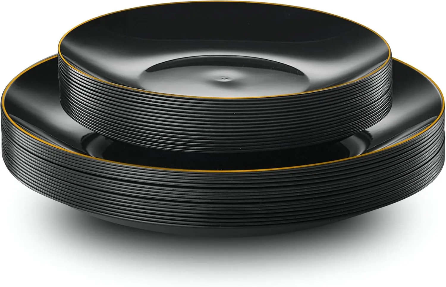 PLASTICPRO 32 Piece Combo Plate Set includes 16-7'' inch Plates & 16-10'' inch Dinner Plates Black Plastic With Gold Rim Design Party Plates, Premium heavyweight Elegant, Disposable