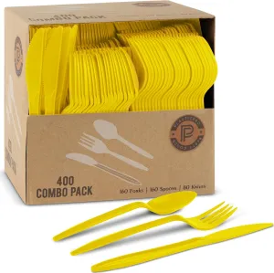 PLASTICPRO 400 Pack Disposable Plastic Utensils Assorted Colored Cutlery Combo Set Forks Spoons Knives Silverware, Yellow Plastic Cutlery for Parties