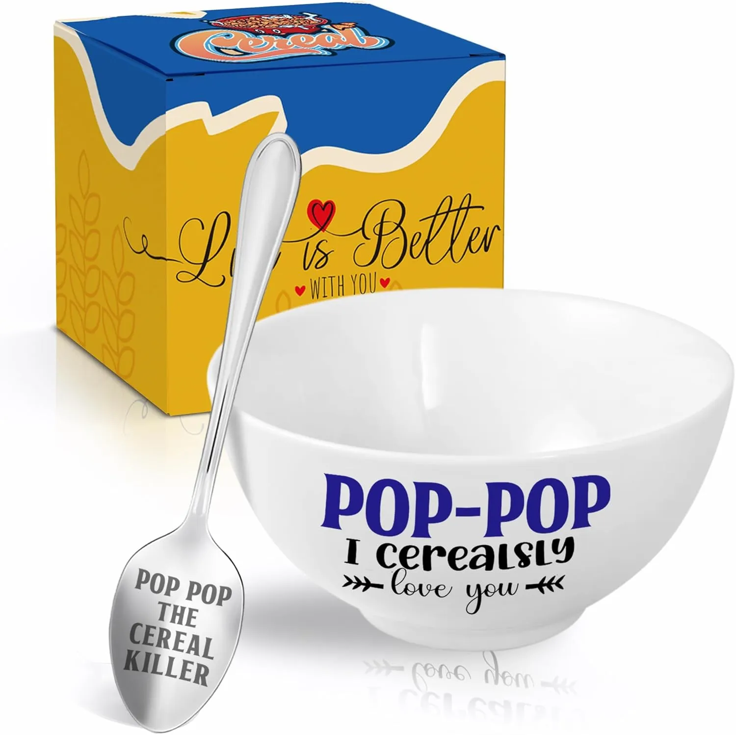 Poppop Gifts, Christmas Poppop Gift from Grandkids Cereal Bowl and Cereal Killer Spoon Set, Pop Pop Christmas Grandprents Day Fathers Day Gift for Him Man Cerealsly Love You