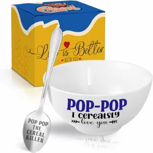 Poppop Gifts, Christmas Poppop Gift from Grandkids Cereal Bowl and Cereal Killer Spoon Set, Pop Pop Christmas Grandprents Day Fathers Day Gift for Him Man Cerealsly Love You