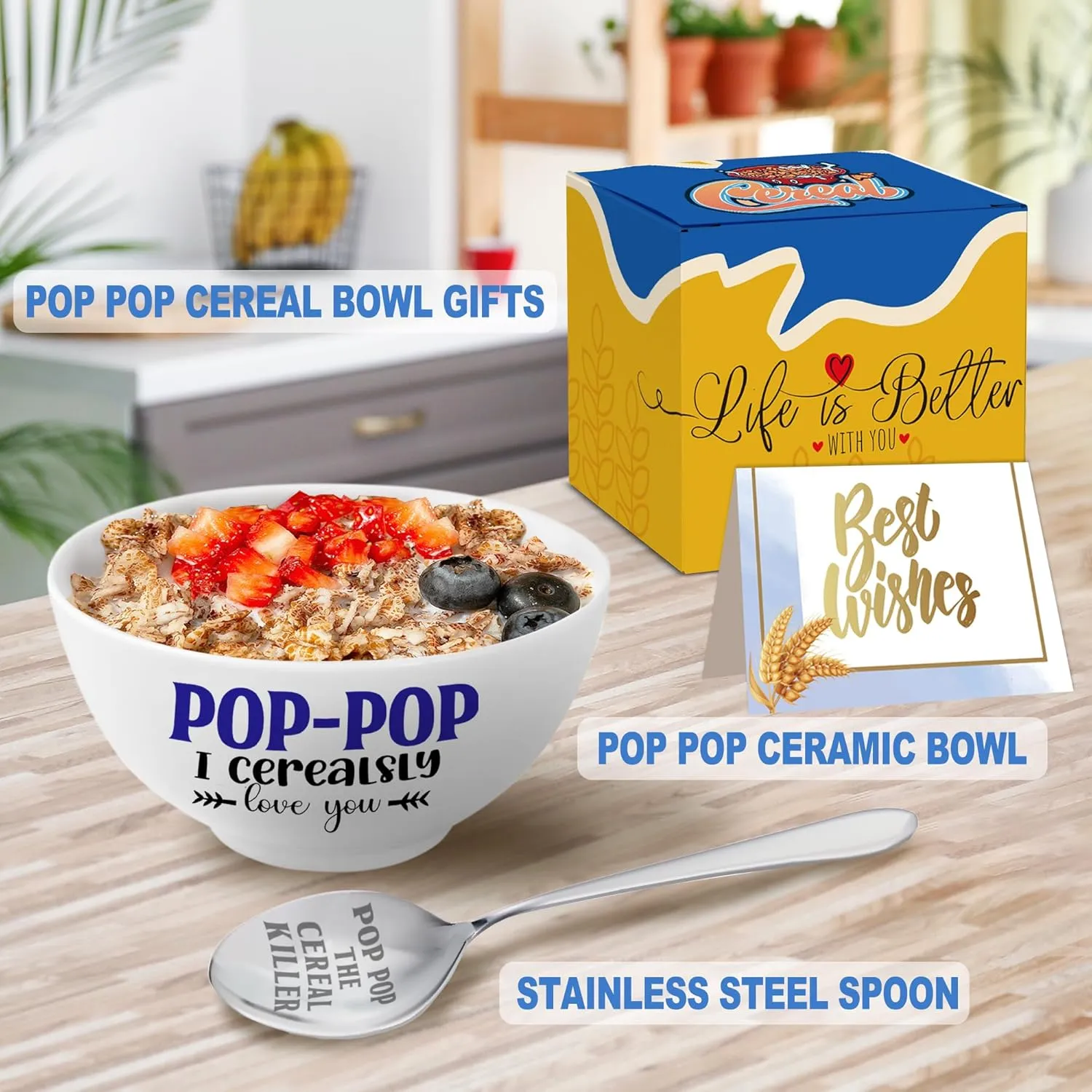 Poppop Gifts, Christmas Poppop Gift from Grandkids Cereal Bowl and Cereal Killer Spoon Set, Pop Pop Christmas Grandprents Day Fathers Day Gift for Him Man Cerealsly Love You