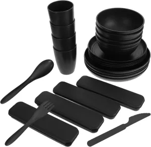 Portable 4 Set Black Camping Dinnerware Utensil Set Fork Spoon Knife Bowl Plate Cup Reusable for Travel Outdoor