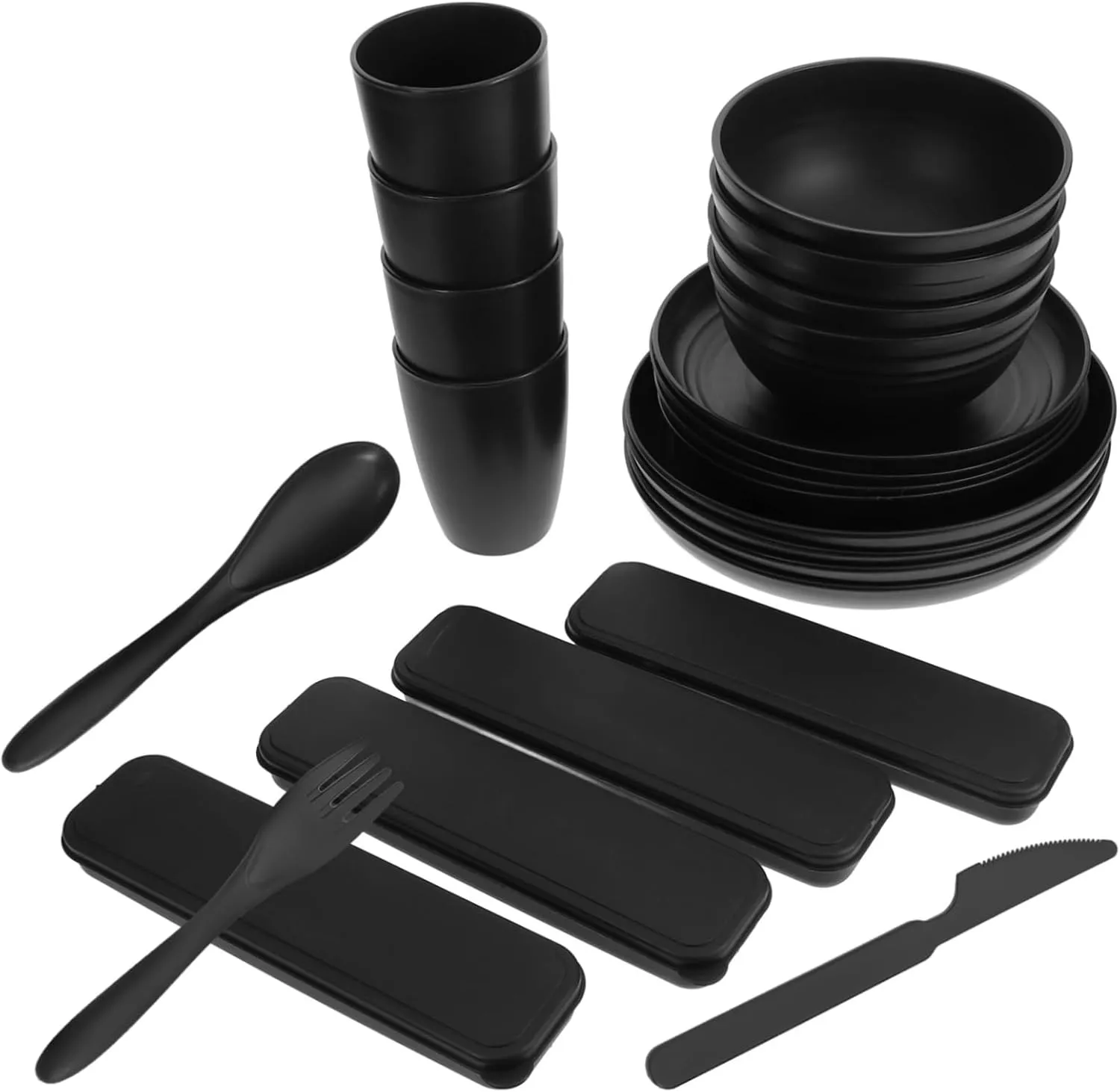 Portable 4 Set Black Camping Dinnerware Utensil Set Fork Spoon Knife Bowl Plate Cup Reusable for Travel Outdoor