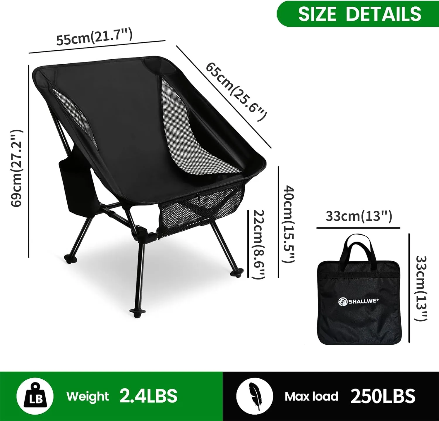 Portable Camping Chairs 55cm Wide, Lightweight Backpacking Chair 2 Height Options, Aluminum Camp Chairs for Adults 330lbs for Backpacking, Hiking, Beach, Travel, Picnic