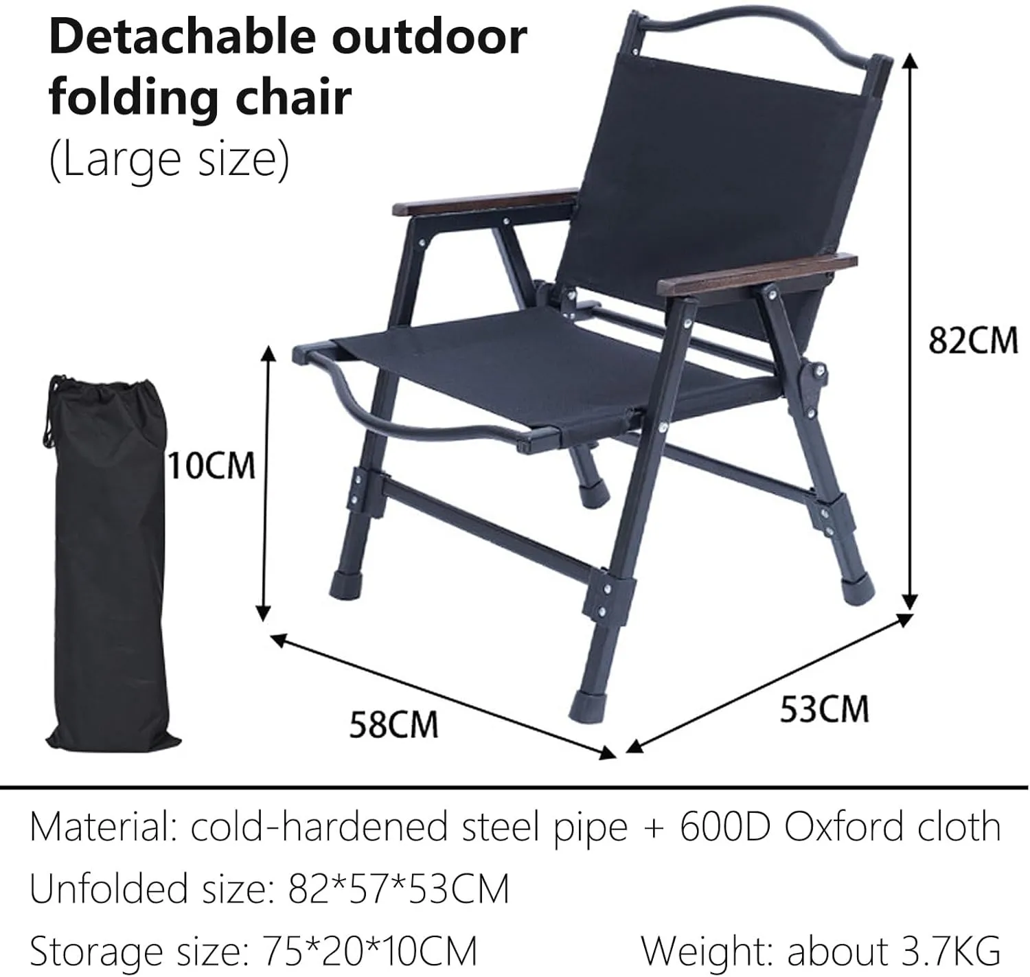 Portable Camping Chairs for Adults with Padded Hard Armrest Sturdy Folding Chair Cushion Lawn Arm Rest Beech Handrail Outdoor Patio Beach Fishing-Noir