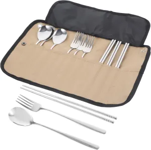 Portable Camping Cutlery Set 4-piece Mess Kit Picnic Utensils Organizer Outdoor Barbecue Tableware