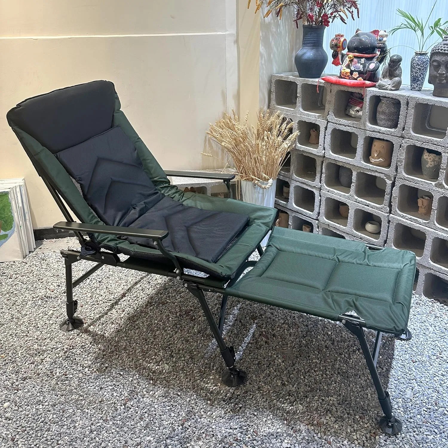 Portable Folding Reclining Camping Lounge Chair - Adjustable Backrest, Sturdy for Indoor & Outdoor Use - Camping, Beach, Hiking, Fishing (Green with Detachable Footrest)