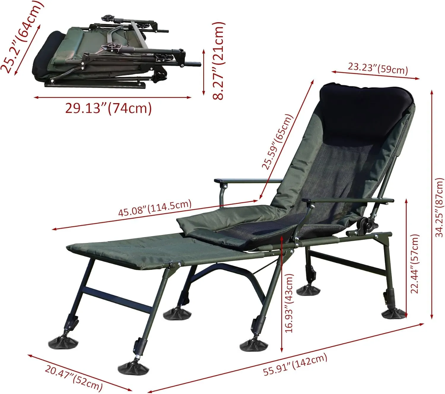 Portable Folding Reclining Camping Lounge Chair - Adjustable Backrest, Sturdy for Indoor & Outdoor Use - Camping, Beach, Hiking, Fishing (Green with Detachable Footrest)
