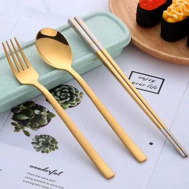 Portable Stainless Steel Chopsticks / Spoon / Fork Tableware Set with Box