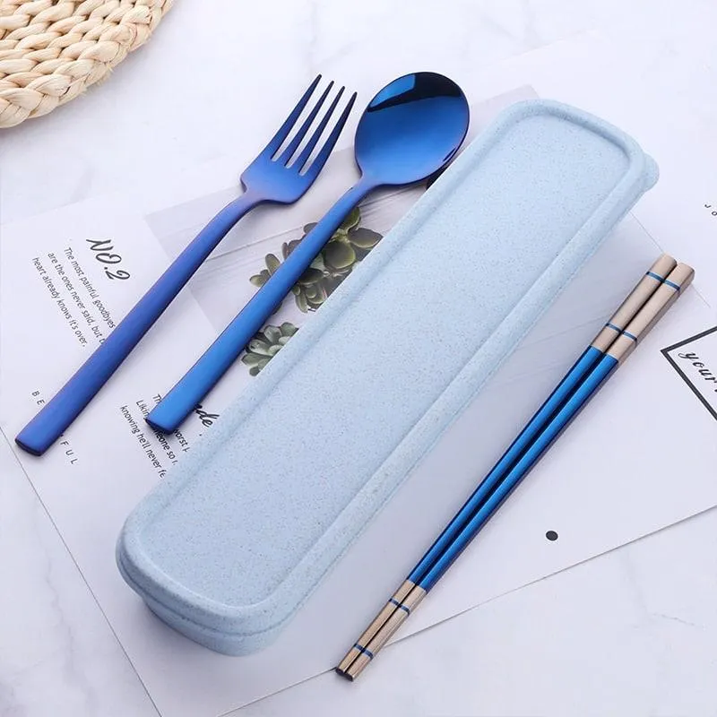 Portable Stainless Steel Chopsticks / Spoon / Fork Tableware Set with Box