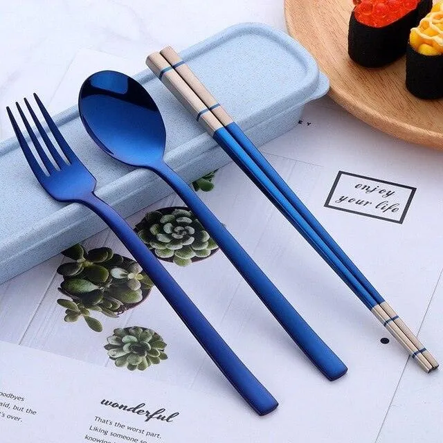 Portable Stainless Steel Chopsticks / Spoon / Fork Tableware Set with Box