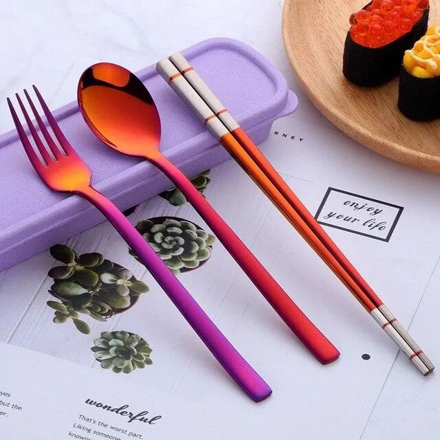 Portable Stainless Steel Chopsticks / Spoon / Fork Tableware Set with Box