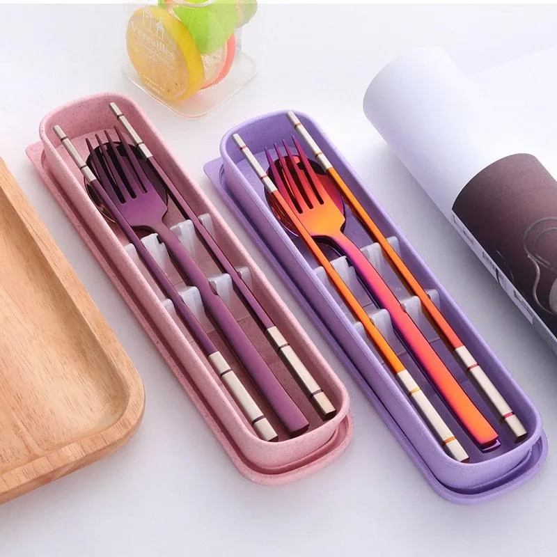 Portable Stainless Steel Chopsticks / Spoon / Fork Tableware Set with Box