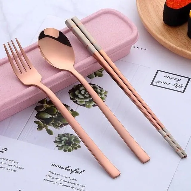 Portable Stainless Steel Chopsticks / Spoon / Fork Tableware Set with Box