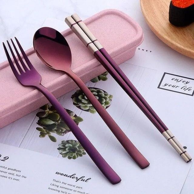 Portable Stainless Steel Chopsticks / Spoon / Fork Tableware Set with Box