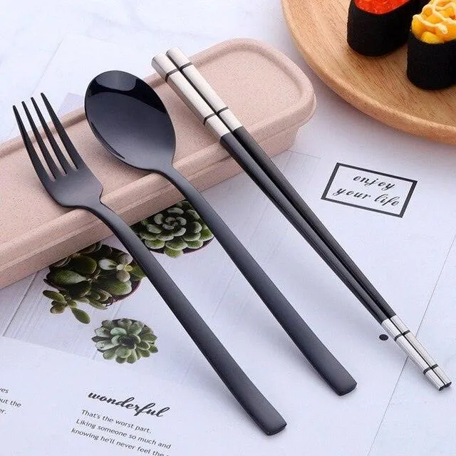 Portable Stainless Steel Chopsticks / Spoon / Fork Tableware Set with Box
