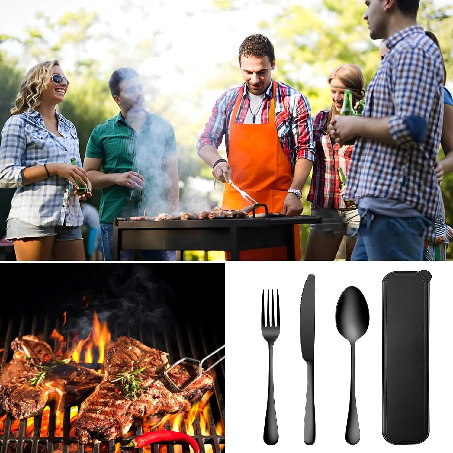 Portable Utensils Set with Case,Reusable Office Flatware Set,Healthy Travel Cutlery Set Stainless Steel 2 Fork, 2 Spoon,2 Knife Cutlery Ideal for Travel, Lunch Box and Camping (Black 3 PCs-2 Sets)