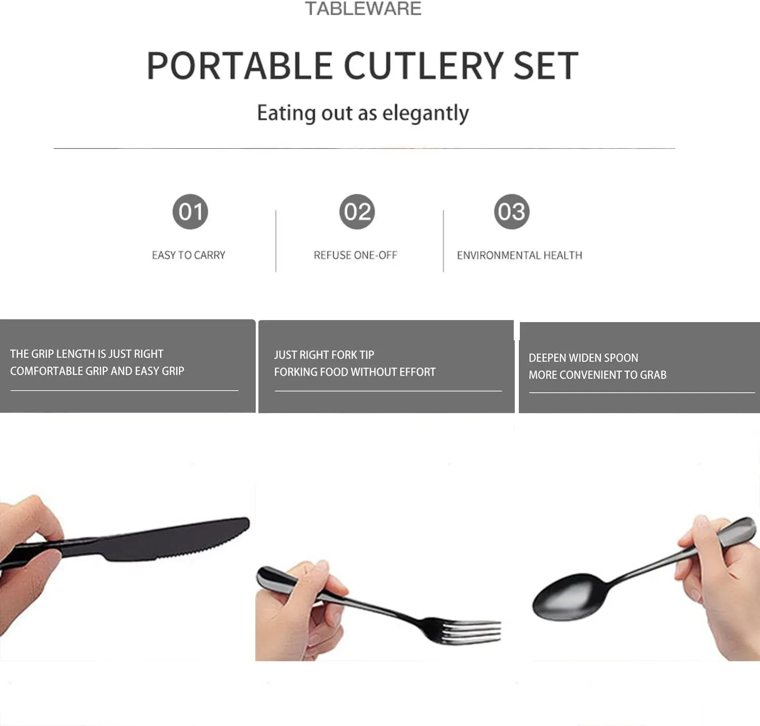 Portable Utensils Set with Case,Reusable Office Flatware Set,Healthy Travel Cutlery Set Stainless Steel 2 Fork, 2 Spoon,2 Knife Cutlery Ideal for Travel, Lunch Box and Camping (Black 3 PCs-2 Sets)