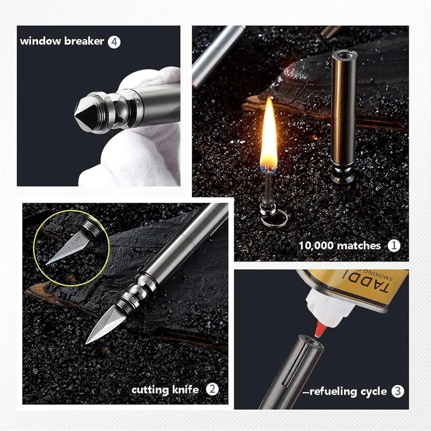 Portable Waterproof Kerosene Lighter, Reusable Windproof Trench Lighter Cool Lighters, for Candle Camping BBQ Kitchen, Mens Gifts (Color : Black)