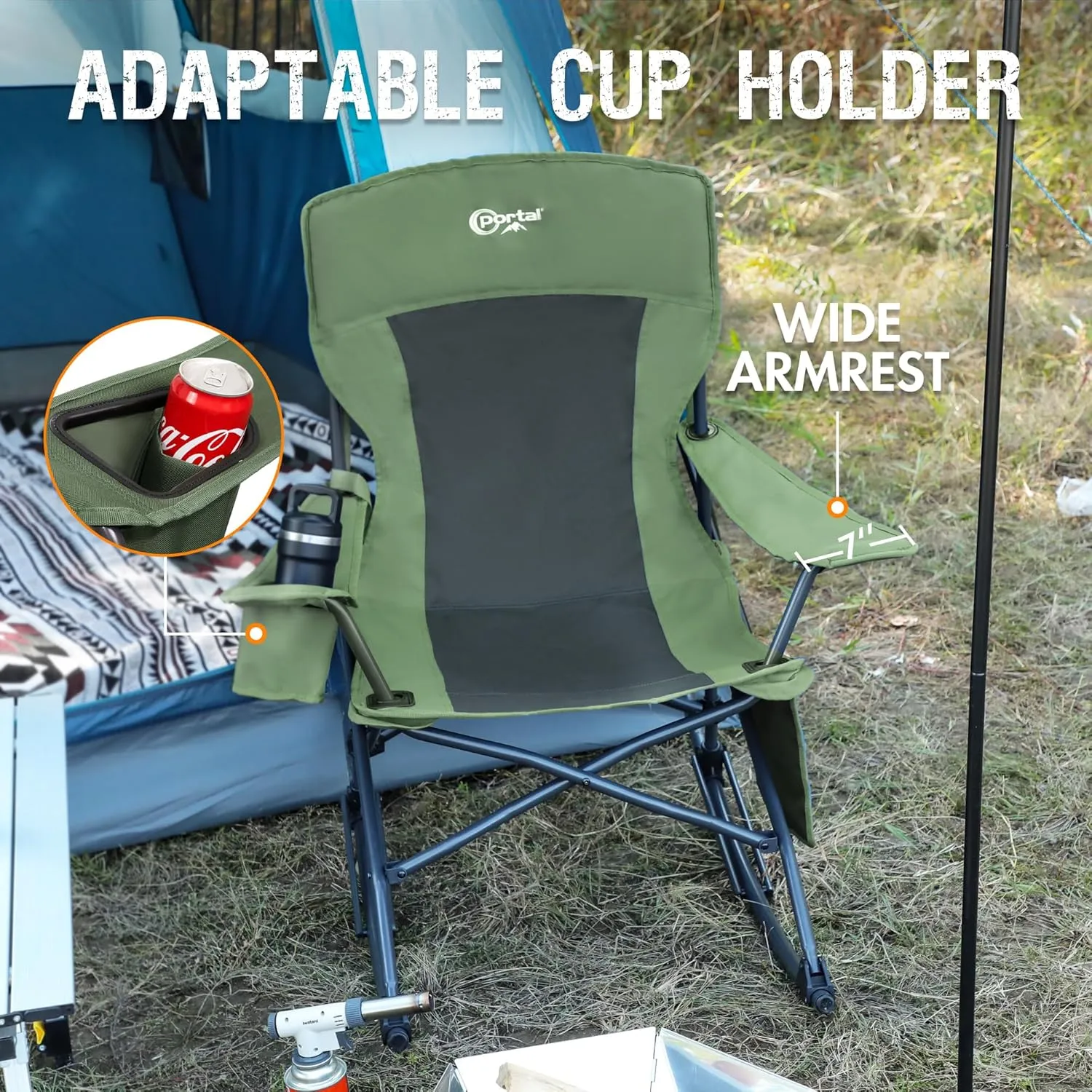 PORTAL Folding Camping Rocking Chair Portable Outdoor Rocker High Back Cup Holder Side Pocket Carry Bag Included, Support 300 lbs