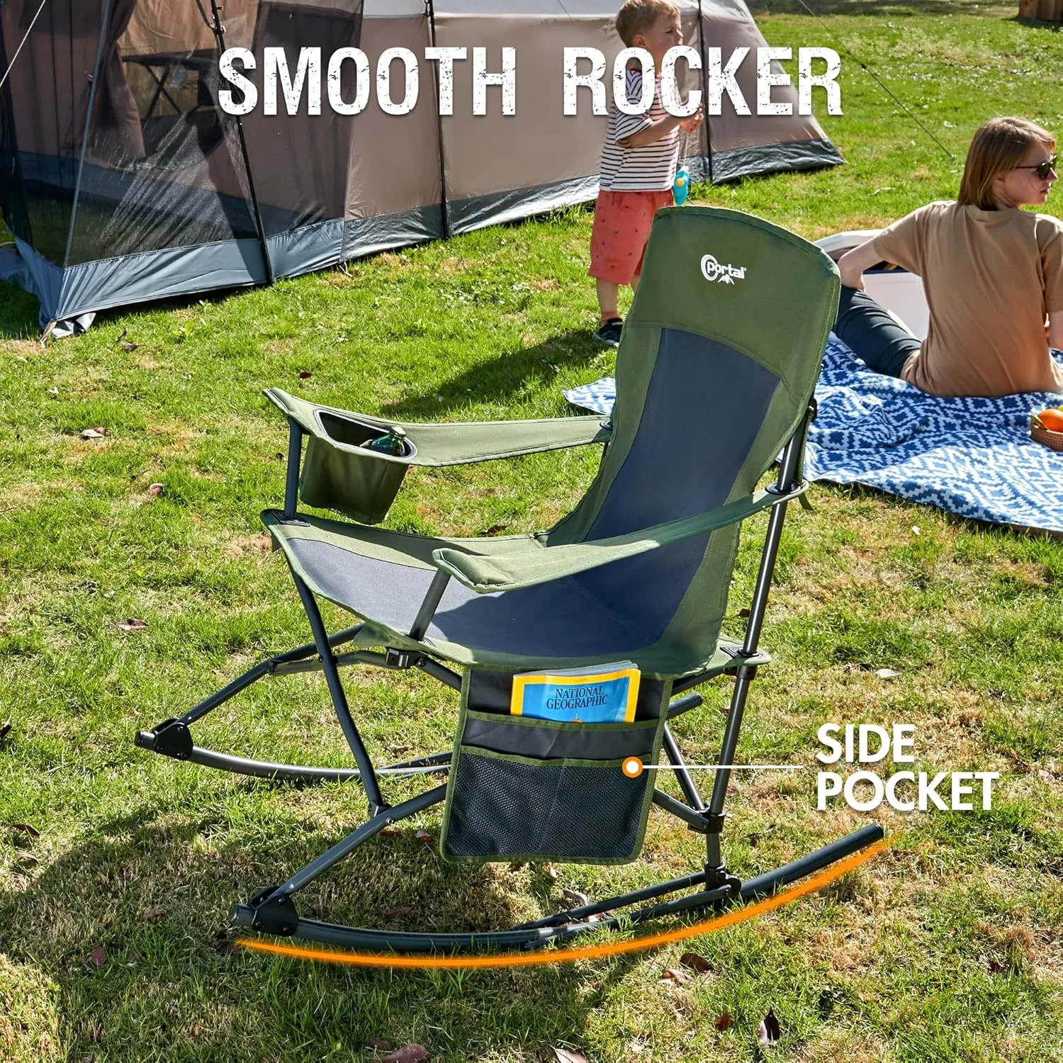 PORTAL Folding Camping Rocking Chair Portable Outdoor Rocker High Back Cup Holder Side Pocket Carry Bag Included, Support 300 lbs