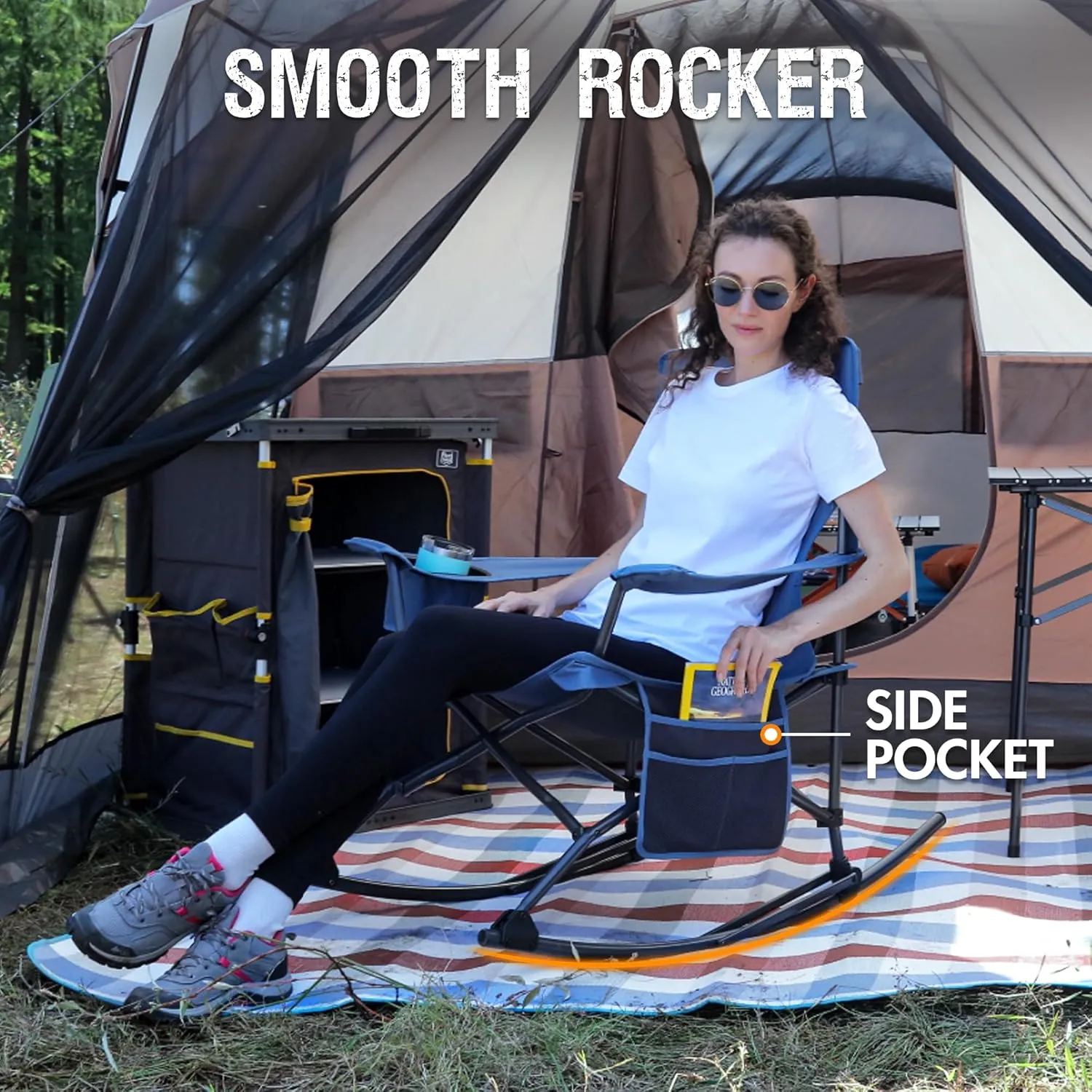 PORTAL Folding Camping Rocking Chair Portable Outdoor Rocker High Back Cup Holder Side Pocket Carry Bag Included, Support 300 lbs