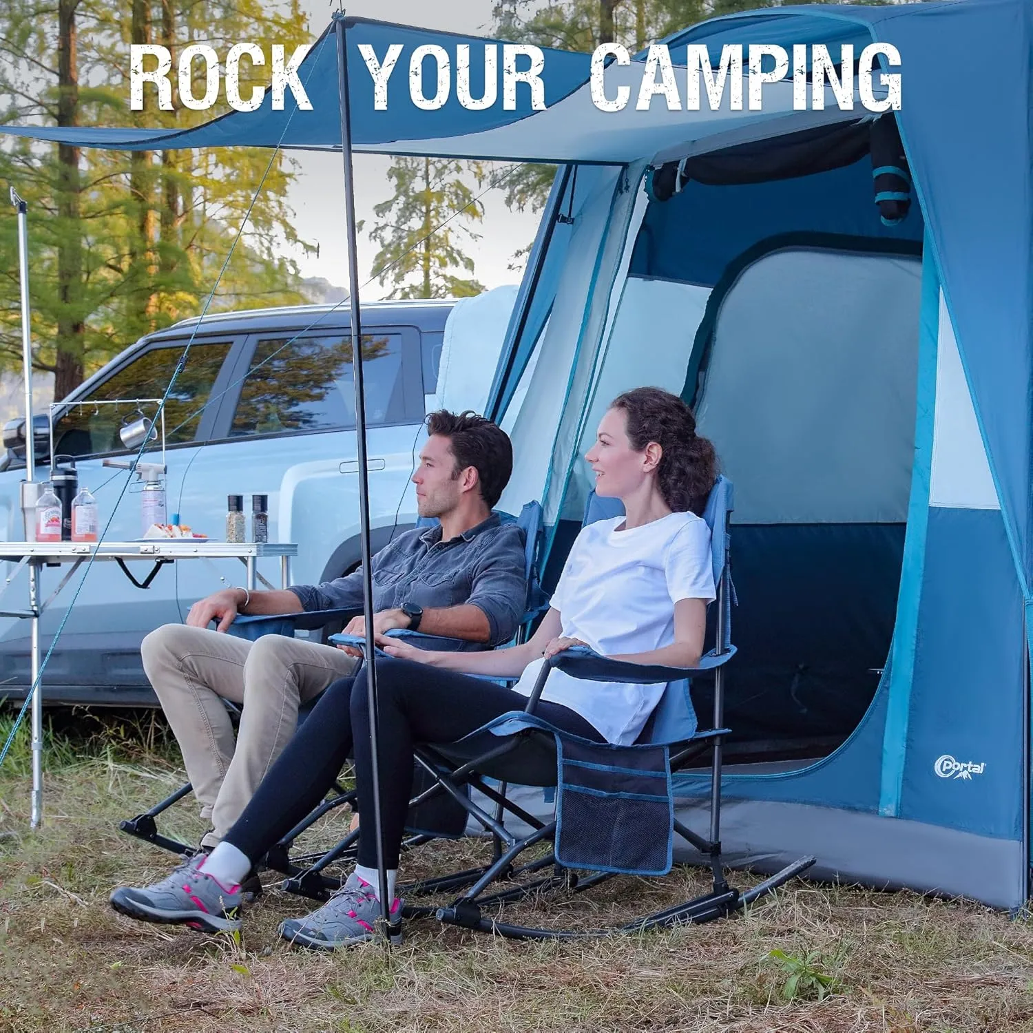 PORTAL Folding Camping Rocking Chair Portable Outdoor Rocker High Back Cup Holder Side Pocket Carry Bag Included, Support 300 lbs