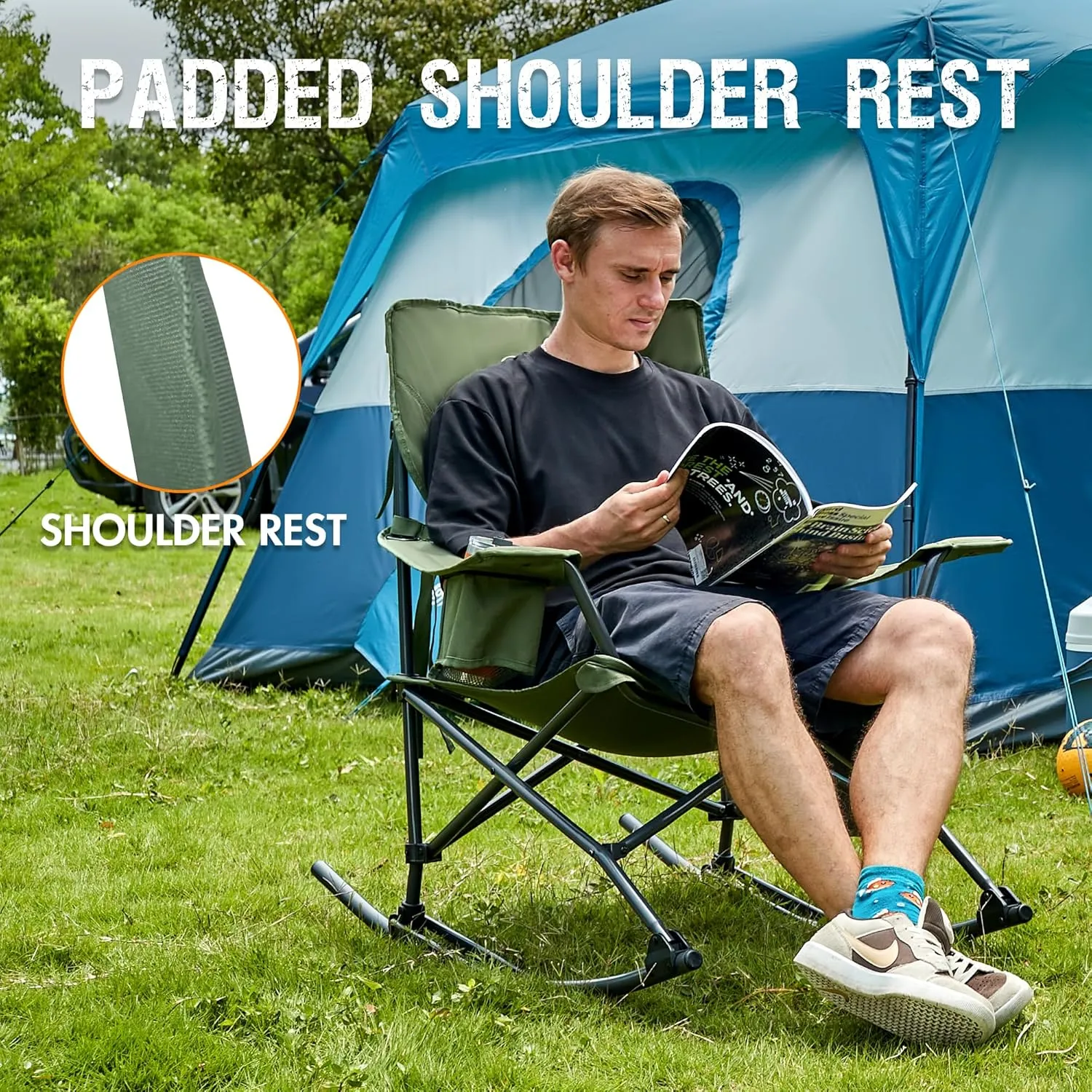 PORTAL Folding Camping Rocking Chair Portable Outdoor Rocker High Back Cup Holder Side Pocket Carry Bag Included, Support 300 lbs