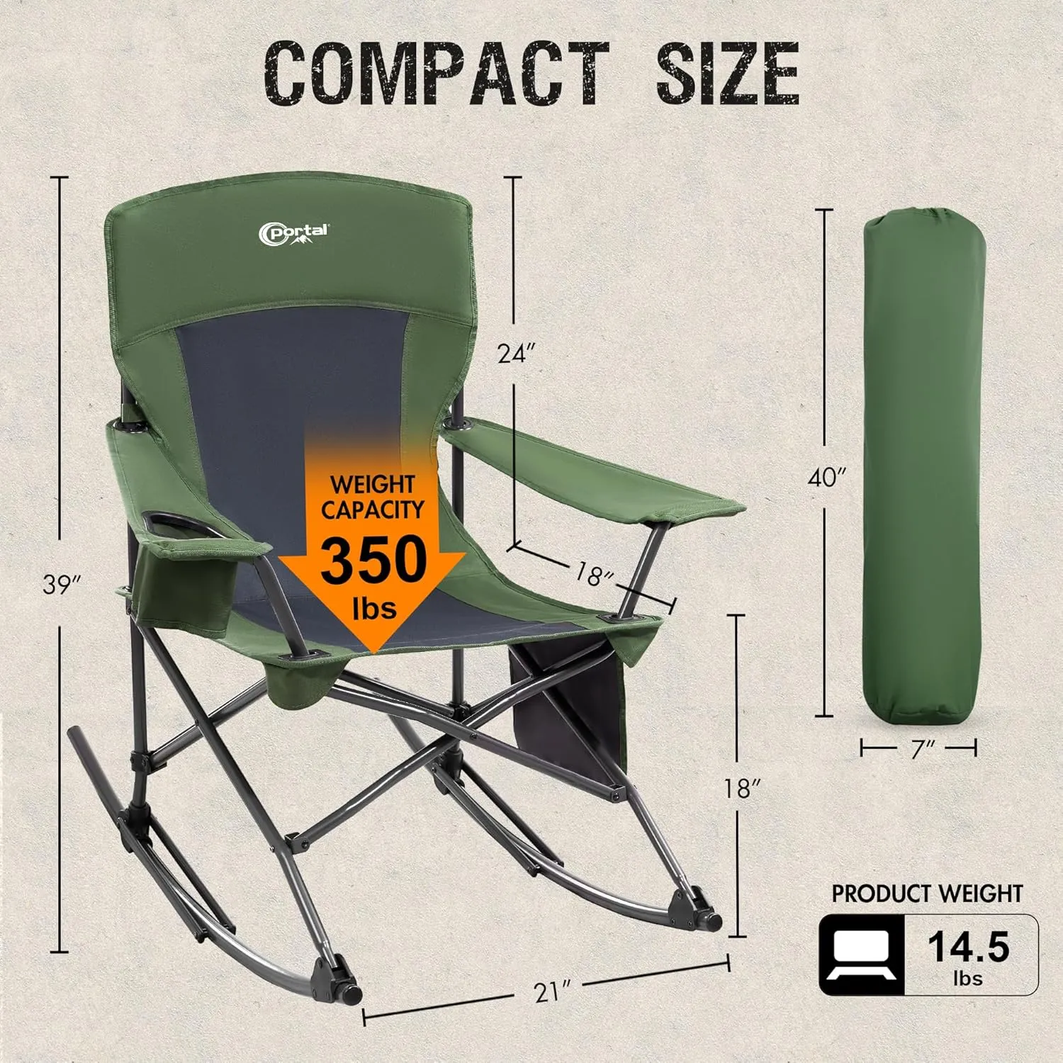 PORTAL Folding Camping Rocking Chair Portable Outdoor Rocker High Back Cup Holder Side Pocket Carry Bag Included, Support 300 lbs