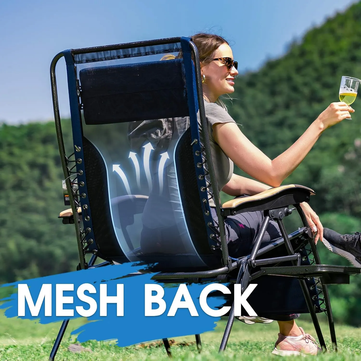 PORTAL Oversized Mesh Back Zero Gravity Reclining Patio Chairs, XL Padded Seat Folding Patio Lounge Chair with Adjustable Pillows and Cup Holder for Poolside Backyard/Lawn, Support 350lbs